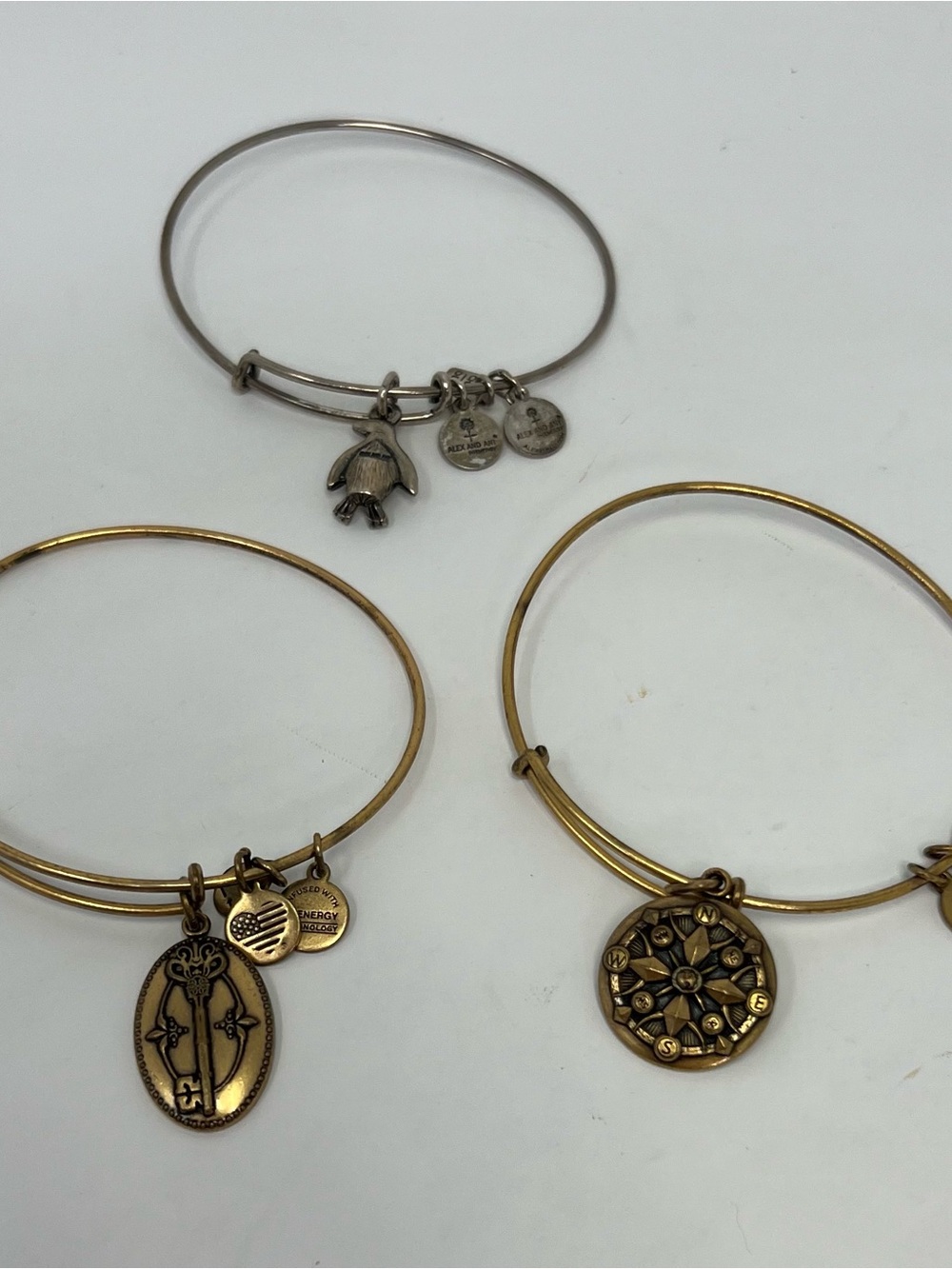 Alex And Ani Brackets Lot Of 3 Silver 1- Gold 2 Penquin Compass Key Pre Owned